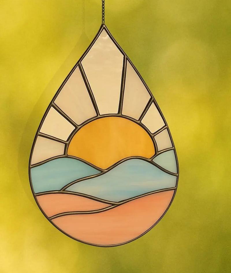 A teardrop-shaped stained glass sunrise hanging piece